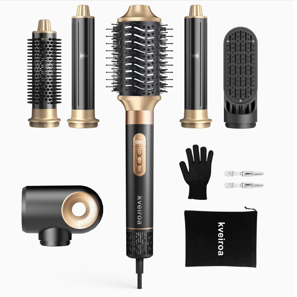 NEW! 6 in 1 Hot Air Brush & Hair Dryer with Auto Wrap Curlers Black Gold
